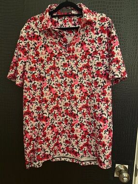 G/FORE Floral Golf Polo Shirt Women’s L Pink Red Performance Stretch